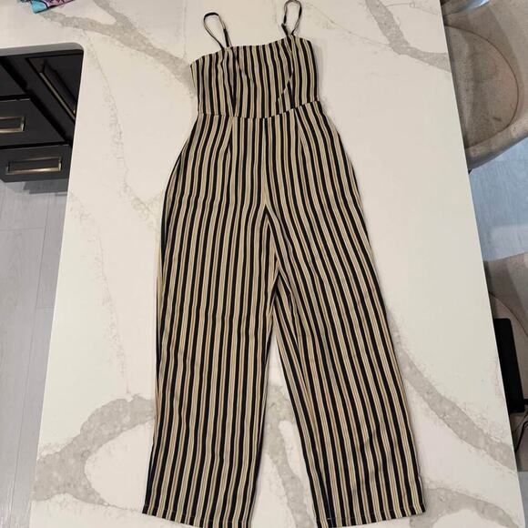 Urban Outfitters Straight-Neck Striped Jumpsuit Women's 0 Black/Beige Wide Leg - Picture 1 of 8